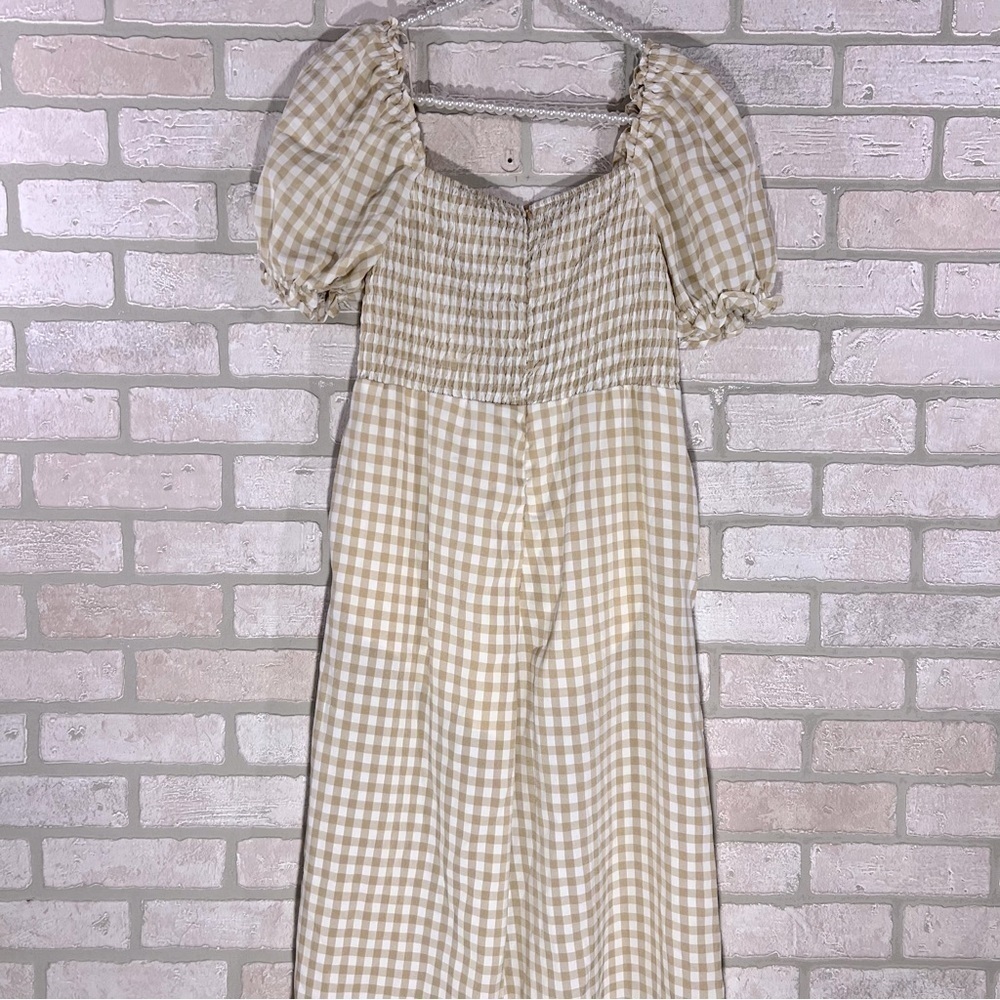 Mable Amaya Gingham Plaid Puff Short Sleeve Jumpsuit in Cognac Size M - Picture 5 of 10